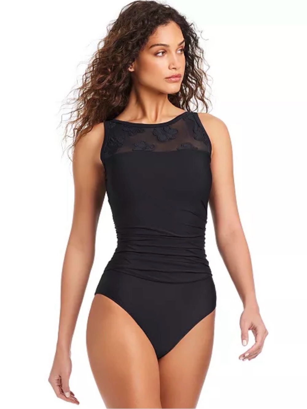 Beyond Control Women's Textured Mesh High-Neck Swimsuit Black NEW - Picture 3 of 6